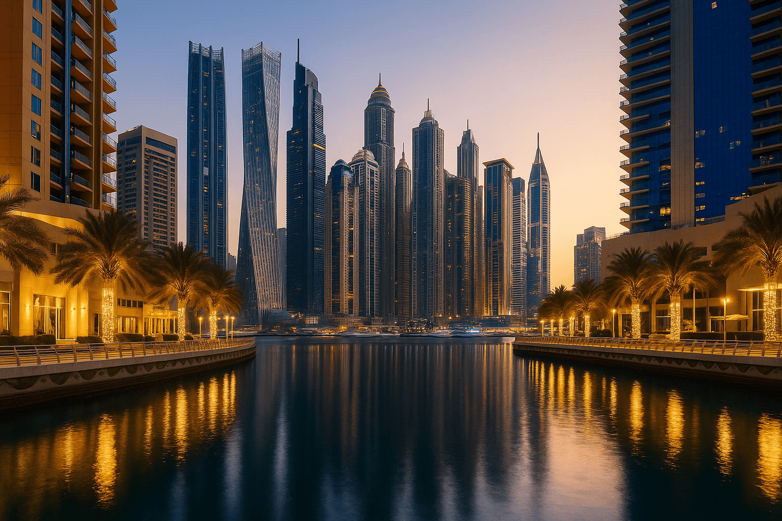 Evening Reflections Dubai's Canal-Side Luxury Living